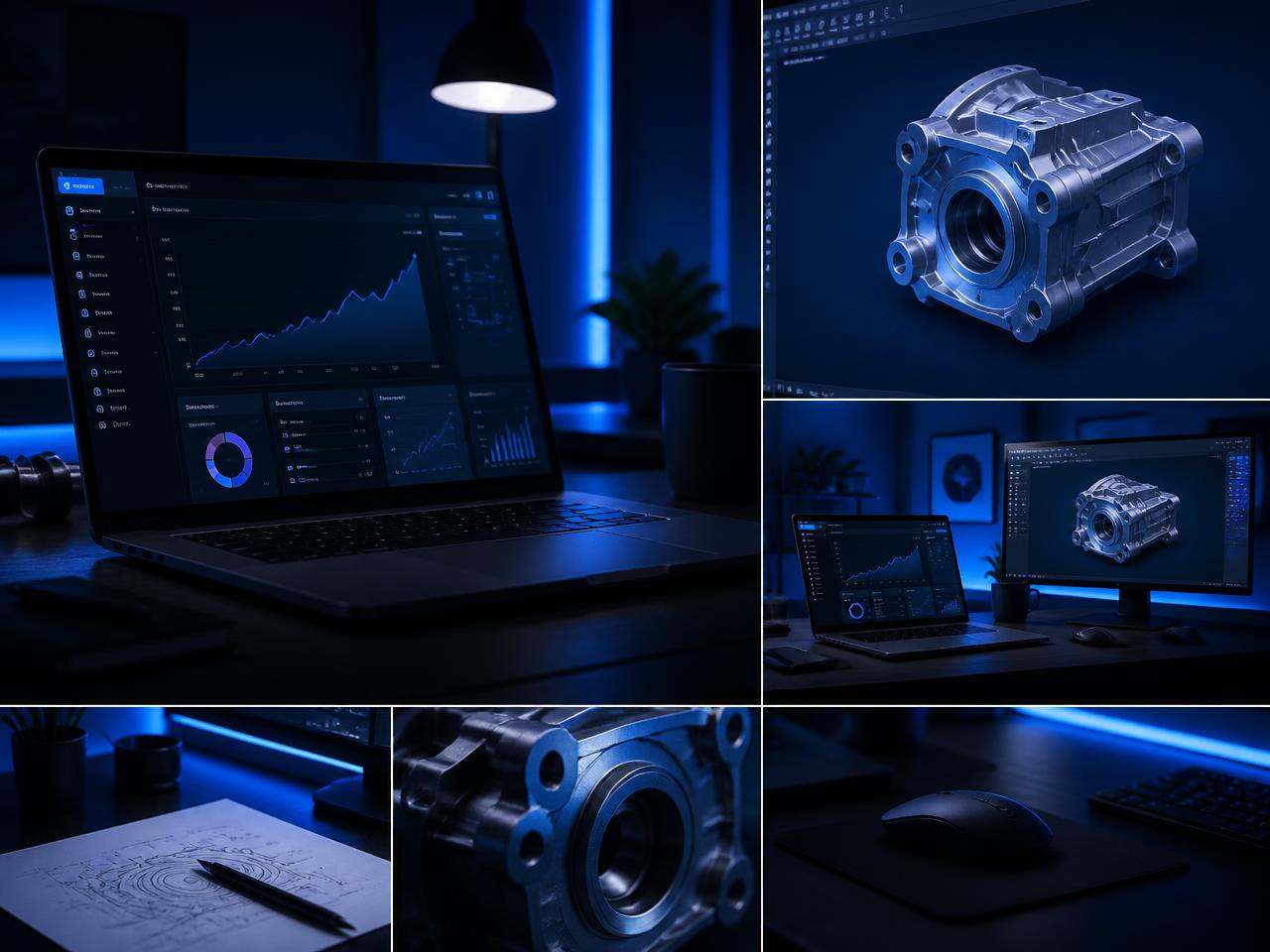 HAYAZ DIGITAL studio: website analytics on a laptop and a 3D CAD mechanical part on screen
